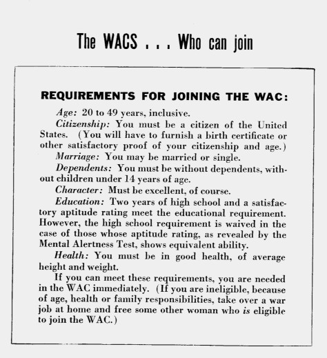 Requirements potential enlistees needed to meet to join WACs, 1943 